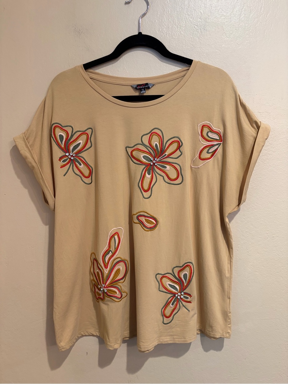 Coffee Tan Short Sleeve Top w/ Wirey Like Floral Design, Jewel Embellishments